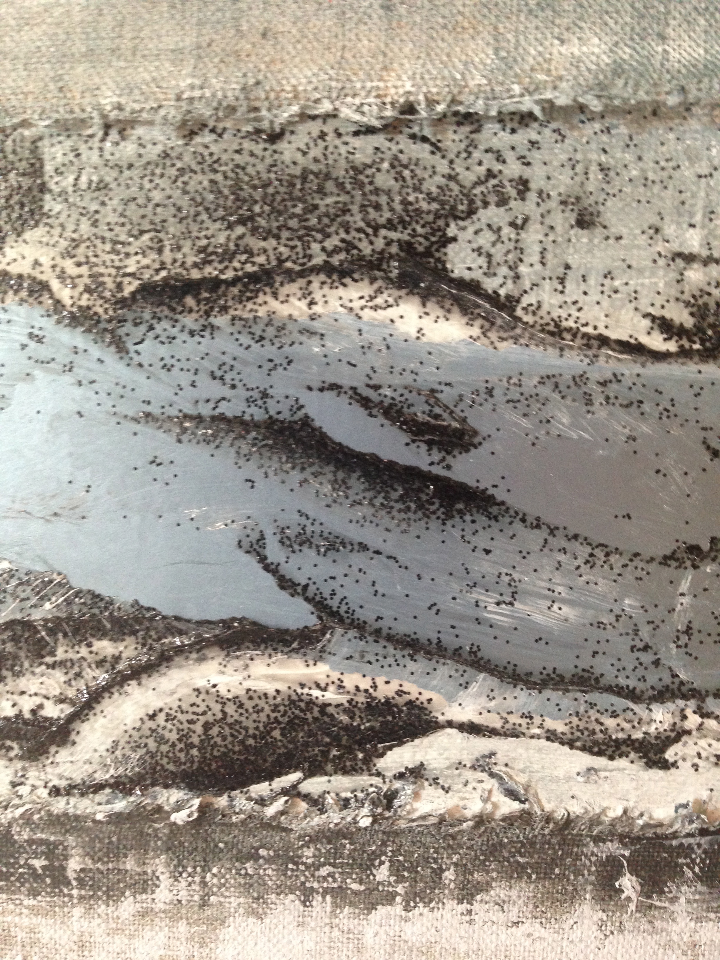 Earth XV, 90x120, mixed media on canvas (glass, paper, sand, spray, acrylic) - detail 1