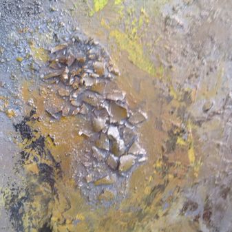 Earth VIII, 100x100, mixed media on canvas (glass, sand, paper, spray, acrylic) - detail 2
